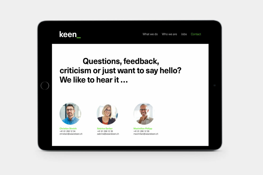 Keen Innovation AG Contact Website auf Tablet