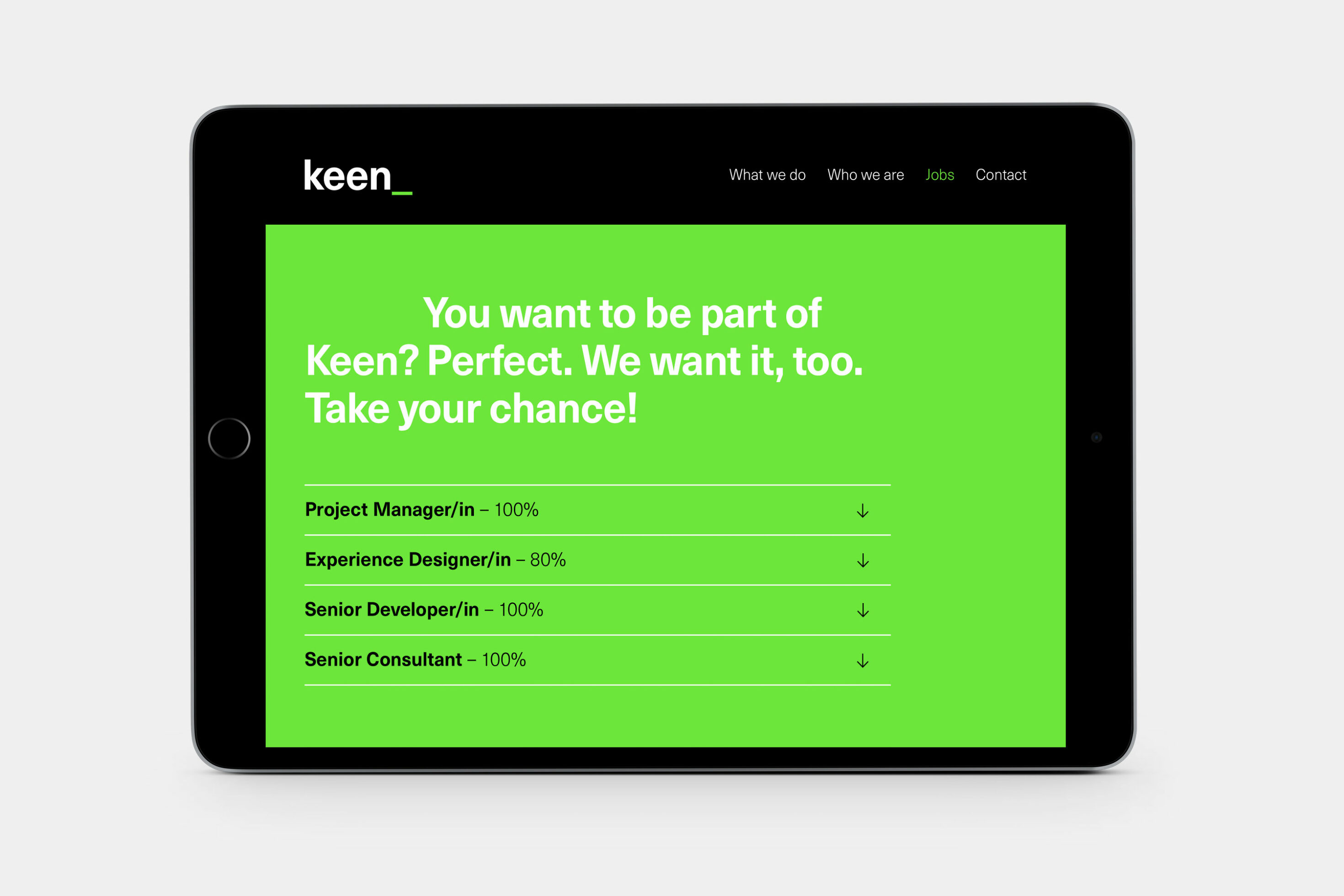 Keen Innovation AG Jobs Webseite auf Tablet